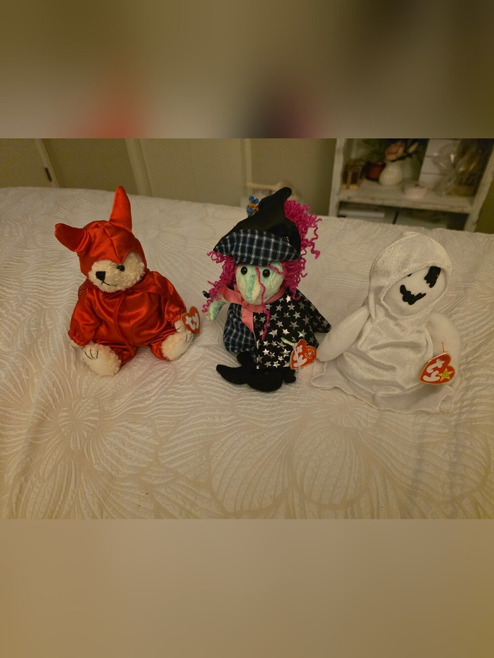 Ty Halloween Plush Set — Red Devil, Pink-Haired Witch, White Ghost